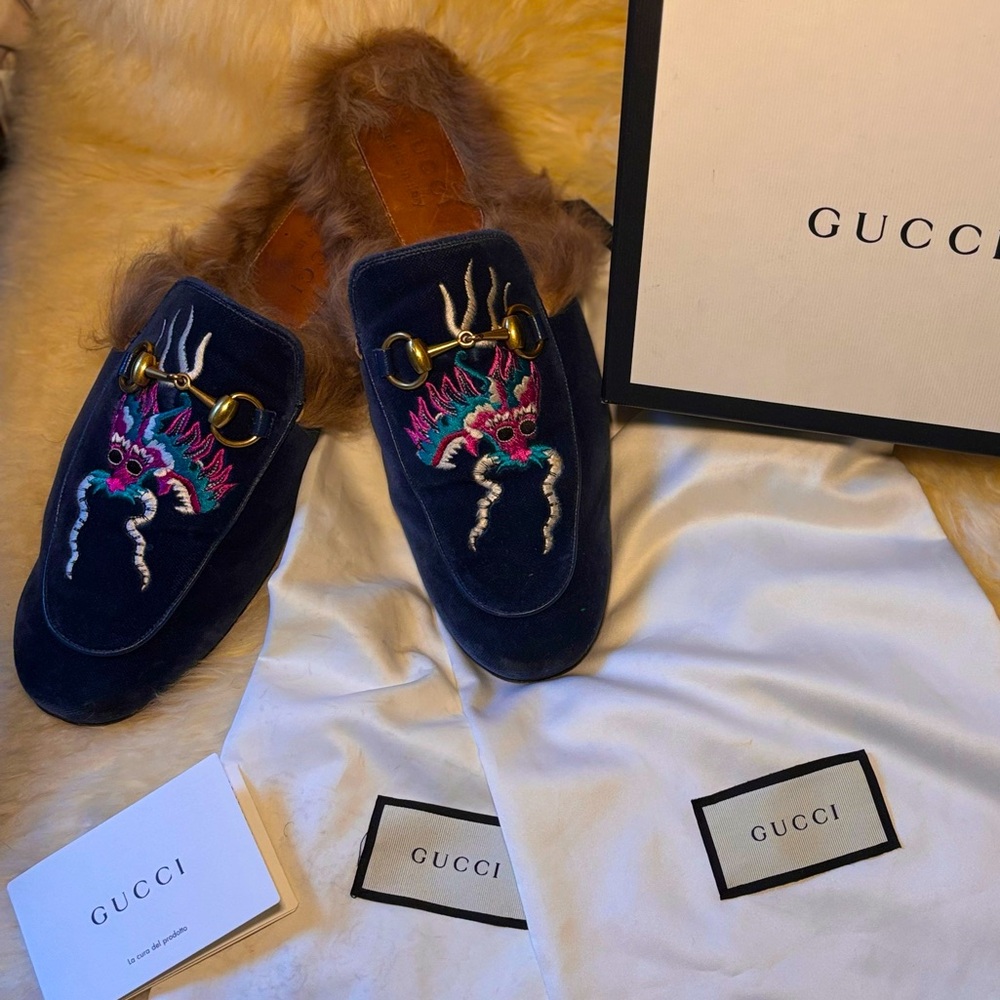 Gucci Princetown Velvet Dragon Fur Mules – Embroidered, Rare & Authentic 🐲🐉